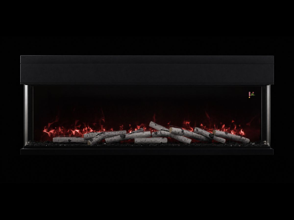 Three-sided electric fireplace with birch log set