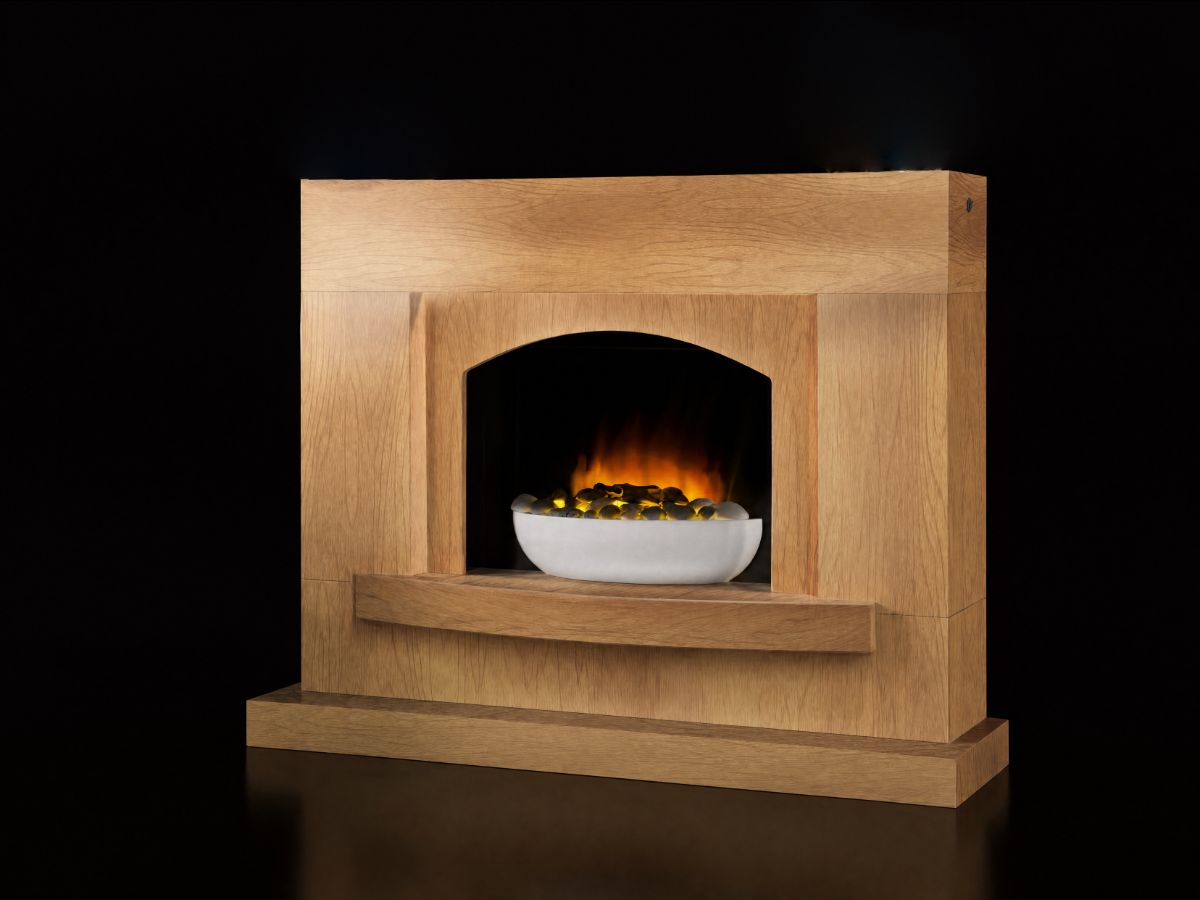 Oak surround electric fireplace with pebble bowl