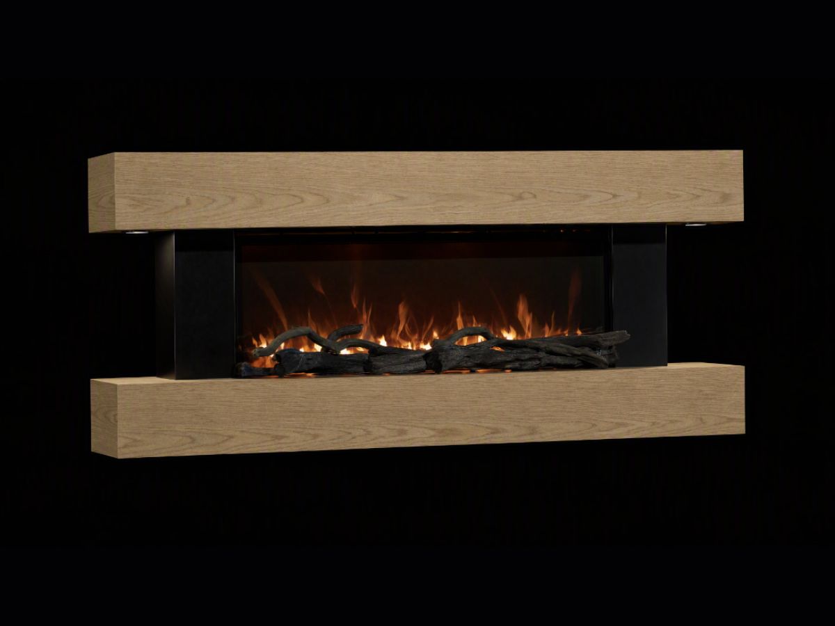Natural wood grain electric fireplace suite