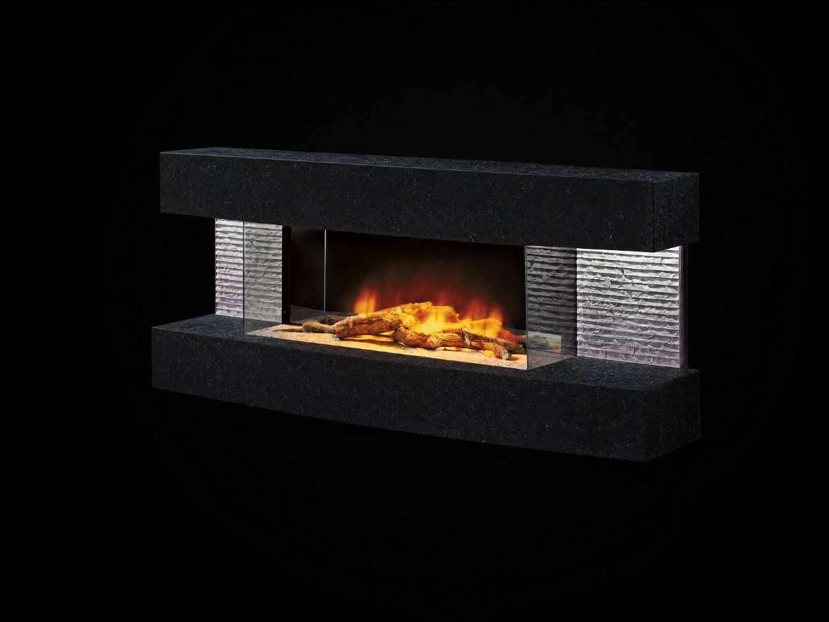 Black stone media wall electric fireplace